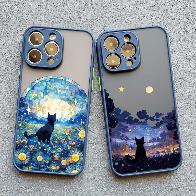 Starry Sky Cat Phone Case for iPhone 16 15 14 Pro Max 13 12 Mini 11 Pro Max XR XS X 8 7 Plus SE 2020 Shockproof Back Cover Funda