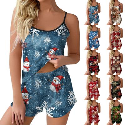 Kadın Modası Noel Baskılı Set Kolsuz Üst Şort Pijama ile