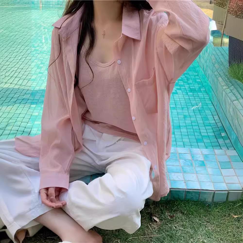 Women's Stylish Loose Tencel Cotton Sun Protection Drape Shirt – Thin Long Sleeve Korean Spring/Summer Top