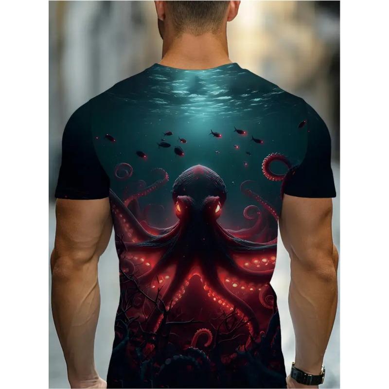 Men's 3D Printed Tropical Octopus Pattern T-shirt Trendy Printed Short-sleeved Breathable Polyester Round Neck Casual Style