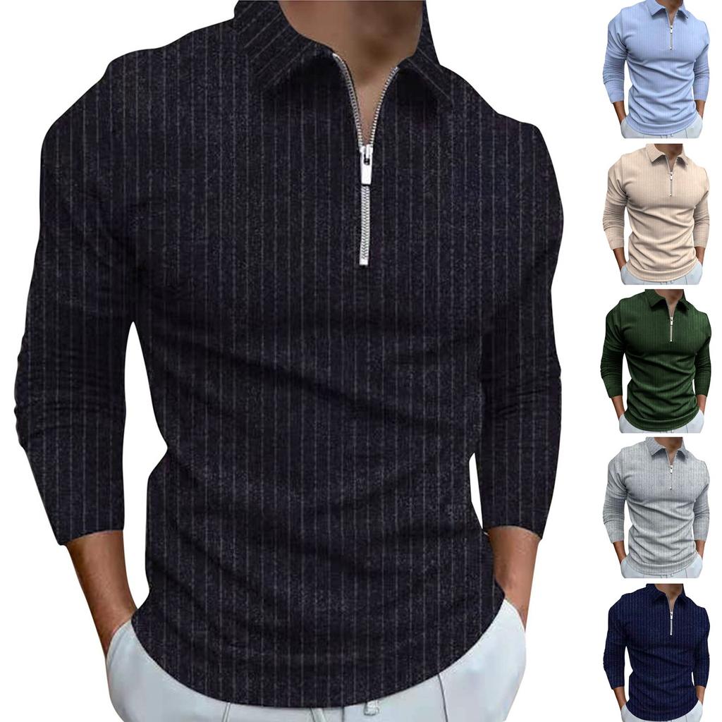 Pánská móda Tričko s pruhy na zip, dlouhý rukáv, klopa, svetr, top halenka