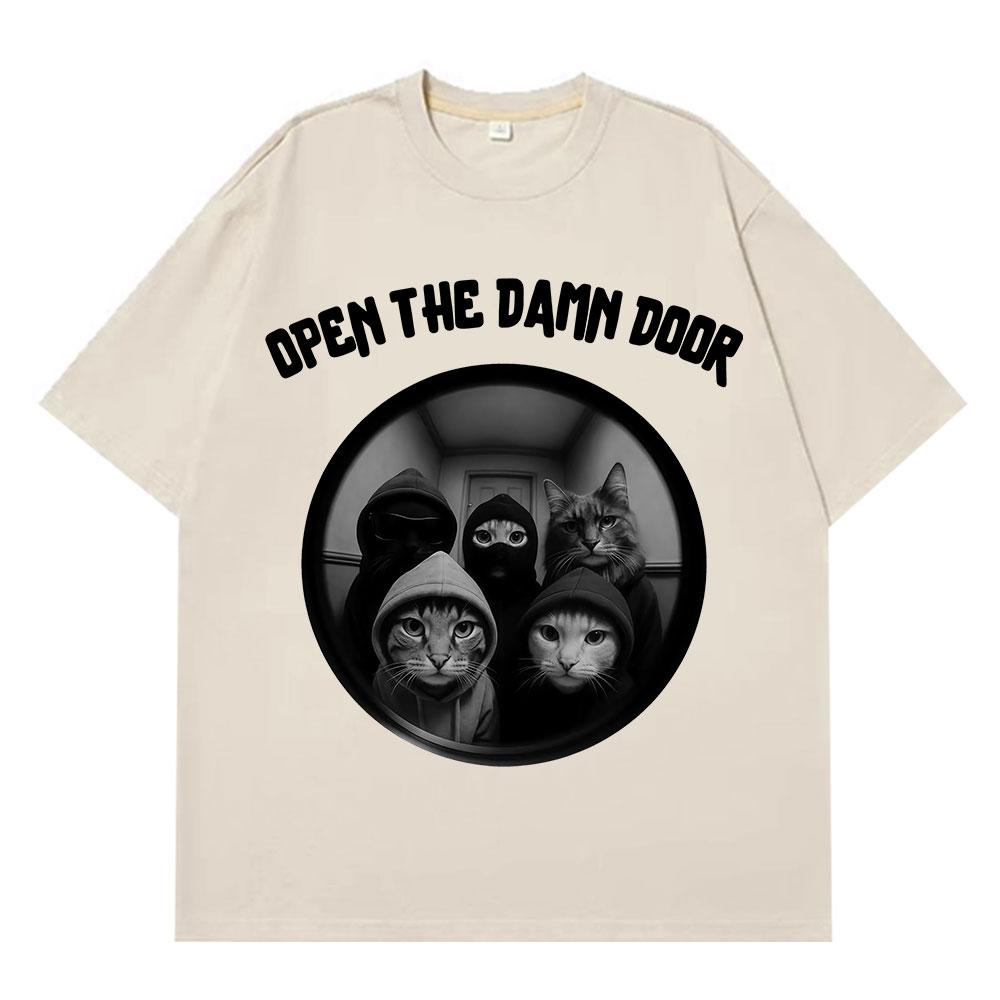 Open The Door Funny Cat Gang Meme TShirts Men Women Fashion Harajuku Tshirts Loose and Casual Cotton Retro Hiphop Tshirts