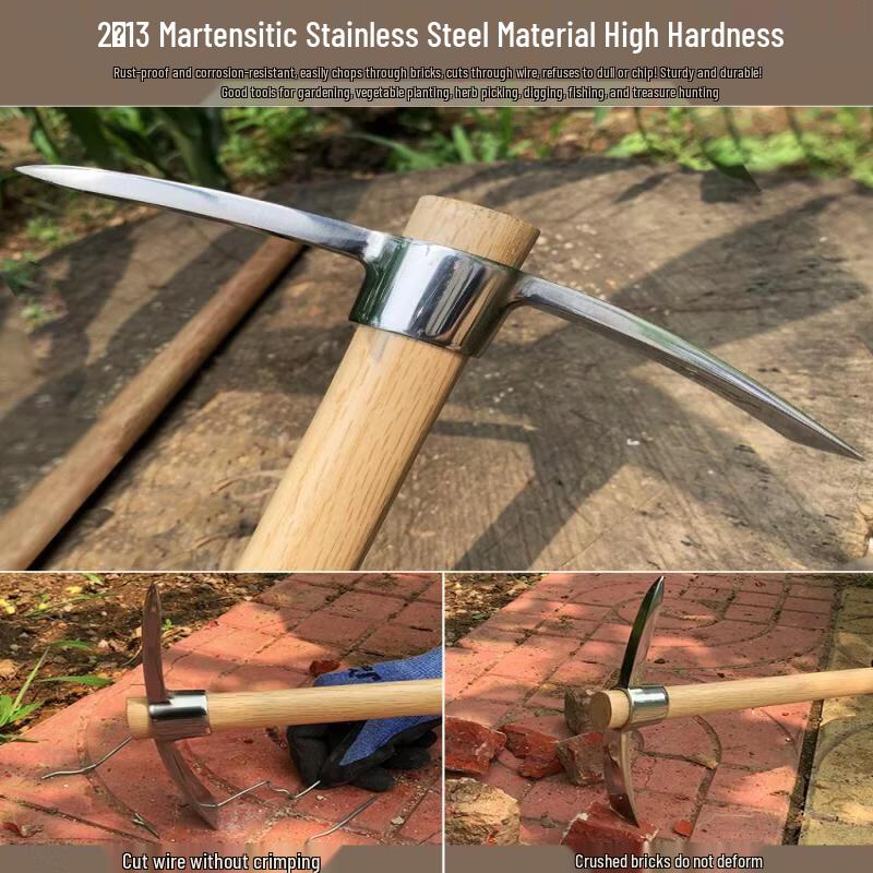 Wooden Handle Stainless Steel Mini Pickaxe & Hoe