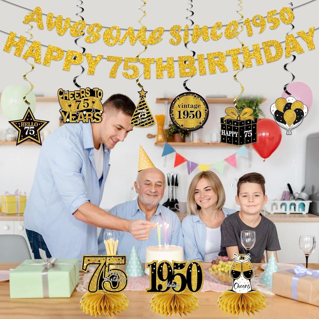 11Pcs 75th Birthday Decorations Kit for Men Women, Black Gold Happy 75th Birthday Banner, Awesome Since 1950 Centerpieces Swirls Party Supplies, 75