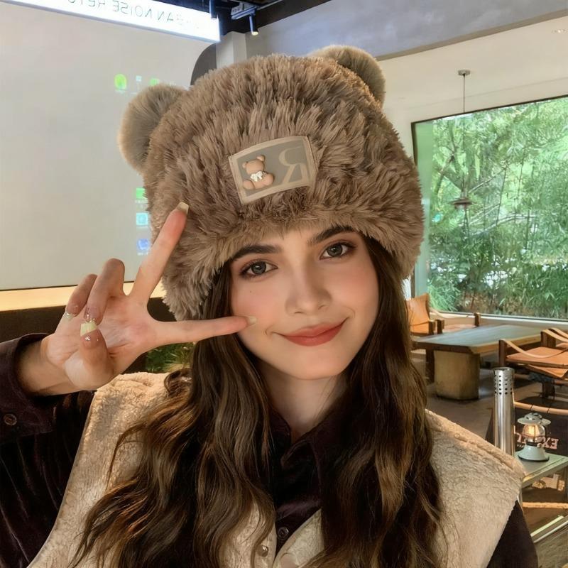 Plush Letter Little Bear Ears Autumn and Winter Knitted Cute Mao Line Hat Women Thickened for Keep Warmth Coldproof No Eaves Pullover Hat