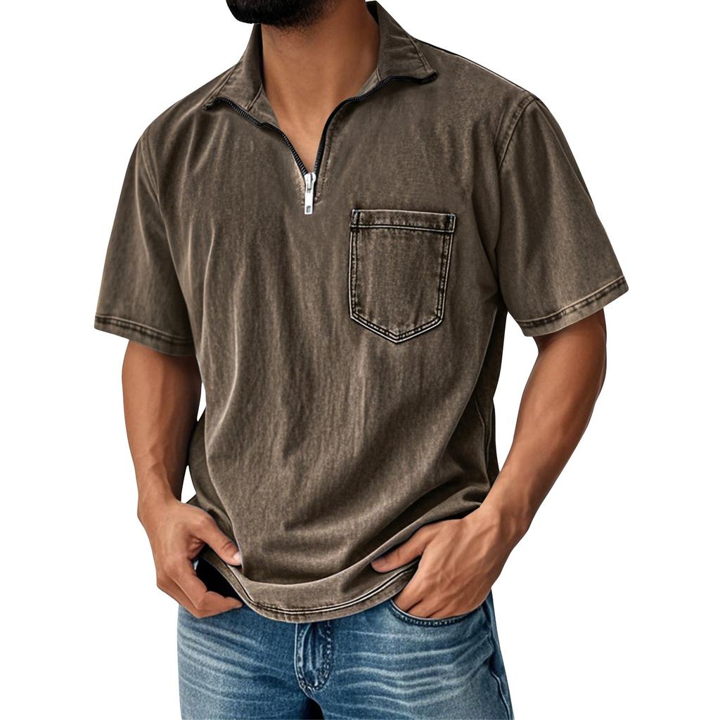 Men's Summer Color Vintage Zipper Pocket Lapel Short Sleeve Shirt Tops