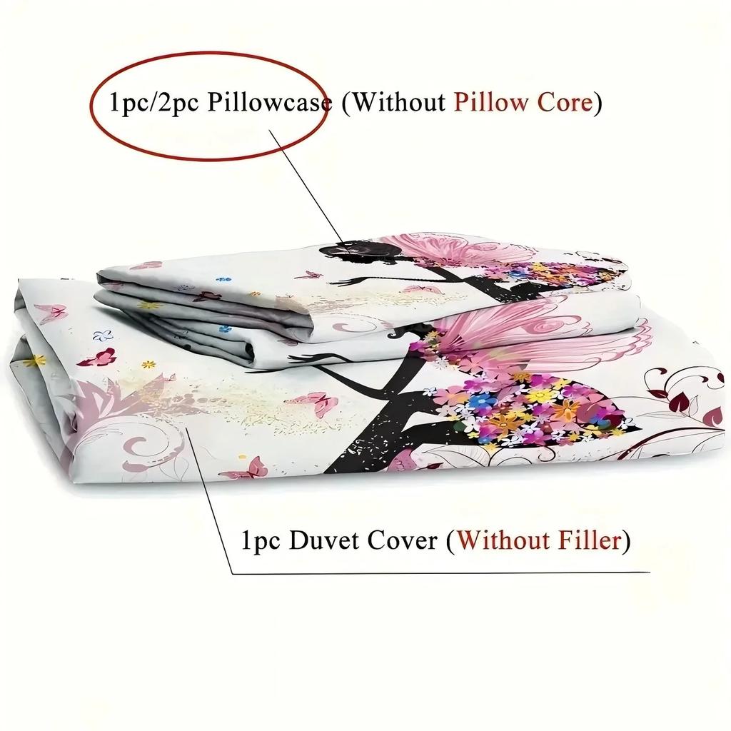 Schmetterlingsfee 3D-gedrucktes Bettwäscheset - Elegante weiche Bettbezug mit Kissenbezügen Niedliche Heimtextilien Schlichtes Steppdeckenbezug-Design