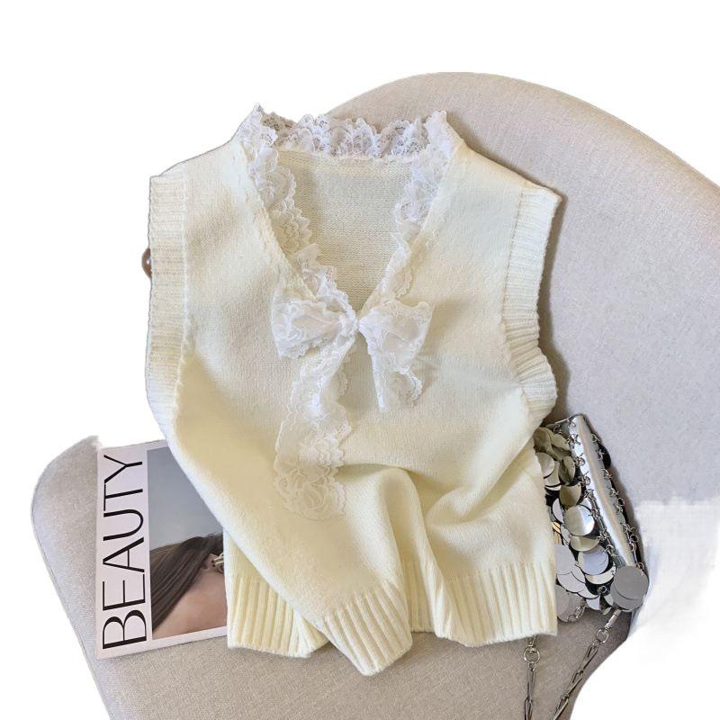 Women's Korean Style Slimming French Lace Bow Knit Pullover Vest - Spring 2026 Top