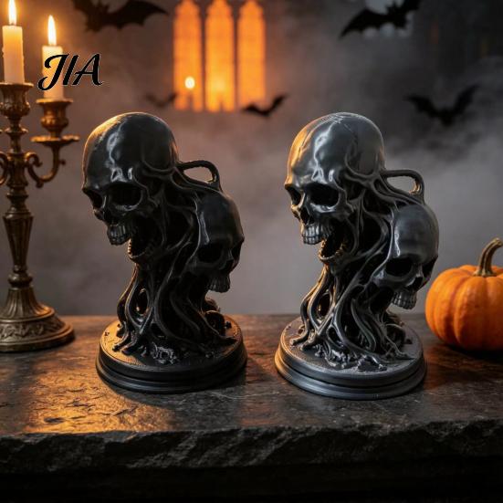 Unique Resin Desktop Decor 3D Printed Double Skull Ornament, Twisted Skeleton Figurine, Gothic Style Home Accents Statue for Halloween Bar &