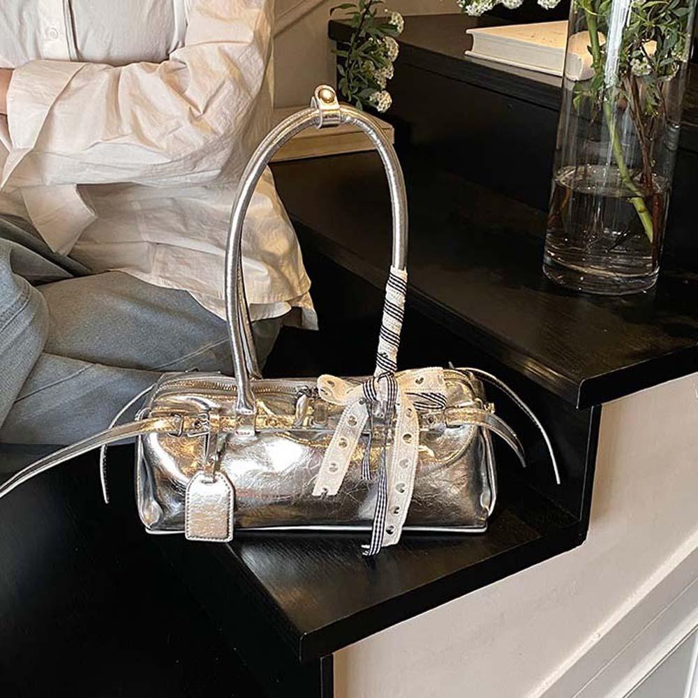 Bow Ribbon Silver PU Shoulder Bag High Quality Cylinder Underarm Bags French Stick Handbag School