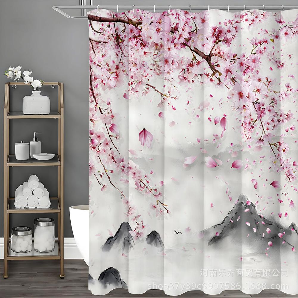 Exquisite Peach Blossom Shower Curtain Set - Water-Resistant & Quick-Drying, Includes 4 Pieces