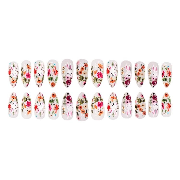 24 Pieces Almond Artificial Nail With Flower and Rabbit Glossy Press On Nail Full Cover Stick On Nail for Women Girls