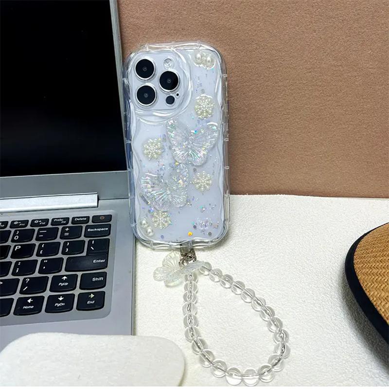 

Laser Butterfly Pearl Flower Phone Case for IPhone17 Promax Full Pack Anti Drop for Apple 16 Handheld Rope For iPhone 17Promax