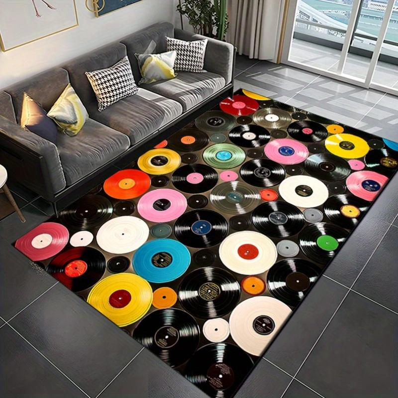 Vinyl Record Design Polyester Carpet,  Crystal Velvet Floor Mat, Anti-Slip Area Rug for Bedroom, Living Room, Home Decor