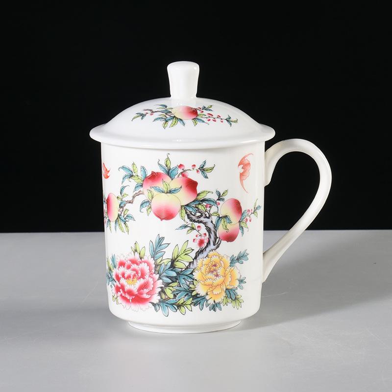 Jingdezhen Teetasse Haushalts Keramiktasse mit Deckel Große Kapazität Wasserbecher Büro Teetasse Kommerzielle Konferenztasse Gravur 500ml