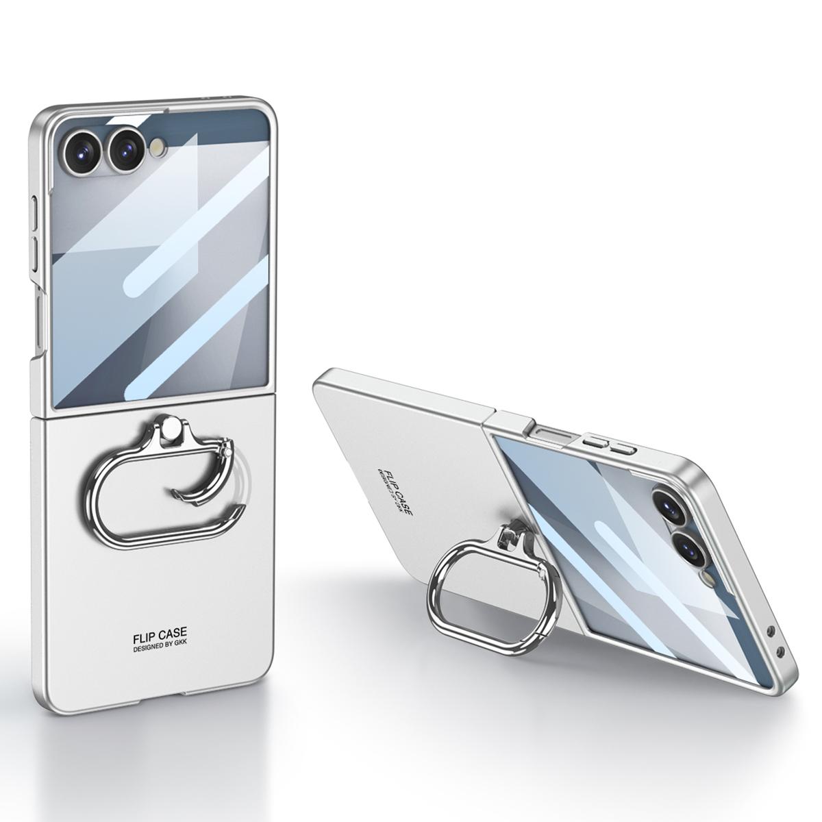

For Samsung Galaxy Z Flip7 5G Case Oval Kickstand Hard PC Phone Back Cover with Small Film Silver