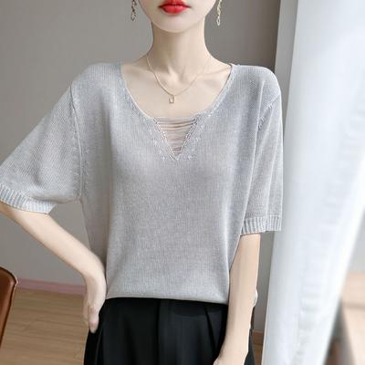 Tencel Linen Round Neck Knitted Shirt Short Sleeved Women's Summer New Year Style Solid Color Hollow Thin Base Shirt Top