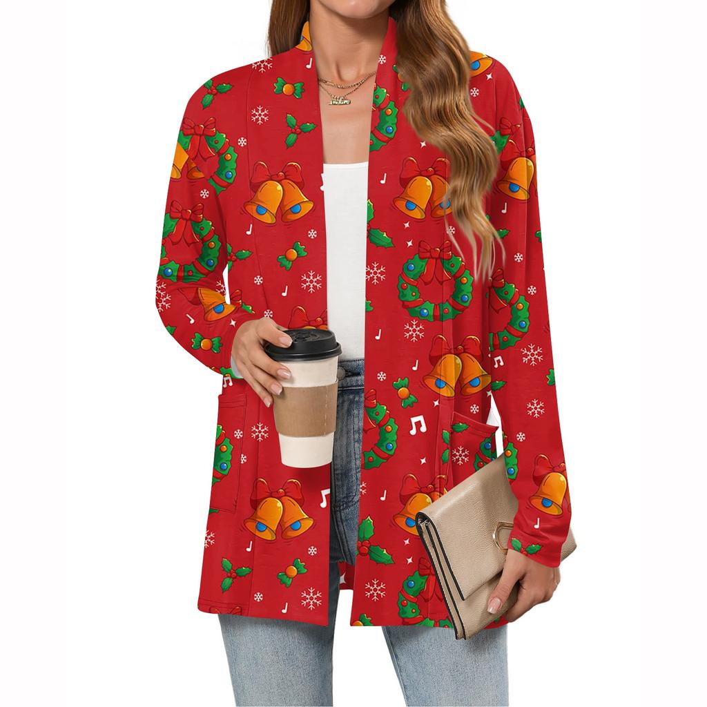 Women's Christmas Printed Lightweight Cardigan Long Sleeved Casual Loose Thin Fit With Pockets Cardigan Jacket