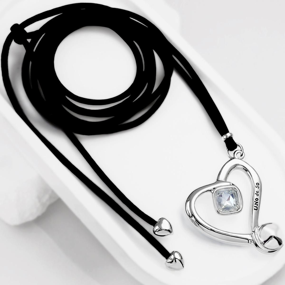 Spanish UNOde50 Handmade Leather Cord Heart & Geometric Necklace