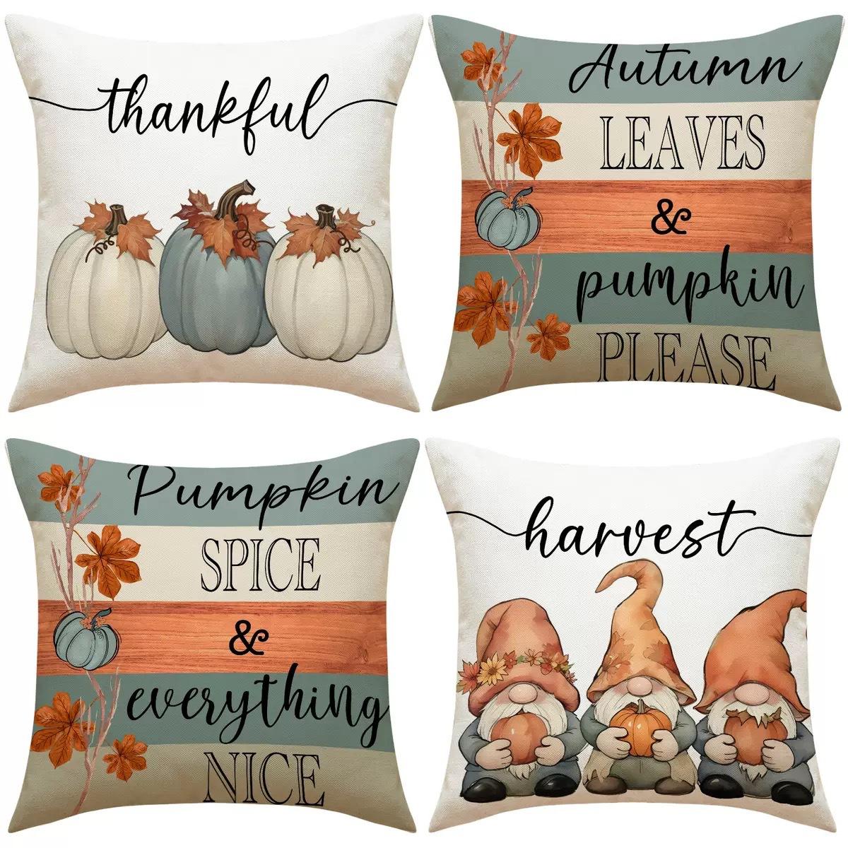 

New Style Pillowcase, Autumn Pumpkin Linen Print Nordic Simple Sofa Decoration Back Pillow Cover 45 * 45 pillowcases four pieces