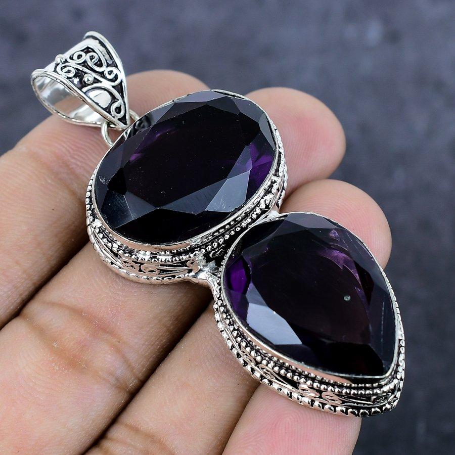 Amethyst Gemstone Handmade 925 Sterling Silver Jewelry Pendant 2.56" u9K09