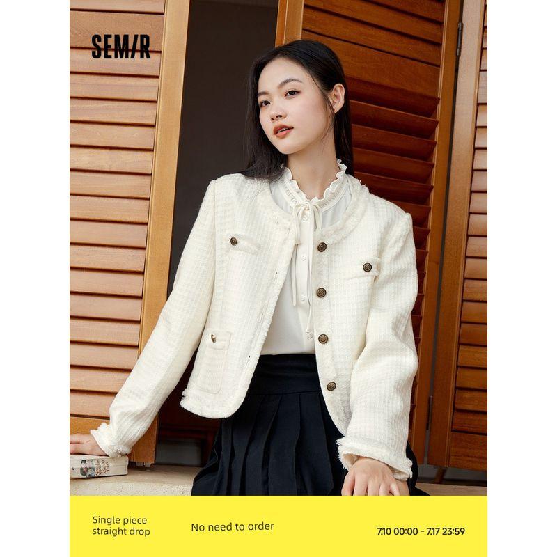

Senma Outwear Women s Short Silm Gingham Tweed Elegant Graceful Winter Gentle round Neck Texture Jacket Work Clothing White 00311 160/84A/M