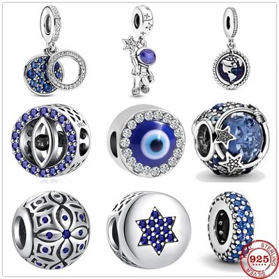 925 Sterling Silver Blue Sparkling Stars Demon Eyes Zirconia Beads Fit Original Charms Bracelet Bead Jewelry Making