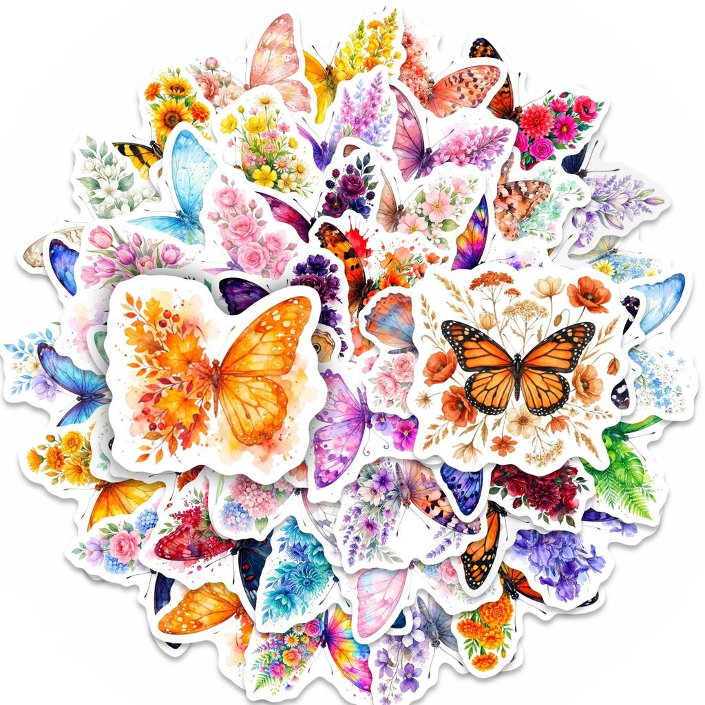 50 Butterfly Stickers Notebook Skateboard Water Cup Decoration Cute Colorful Flower Butterfly Graffiti Stickers