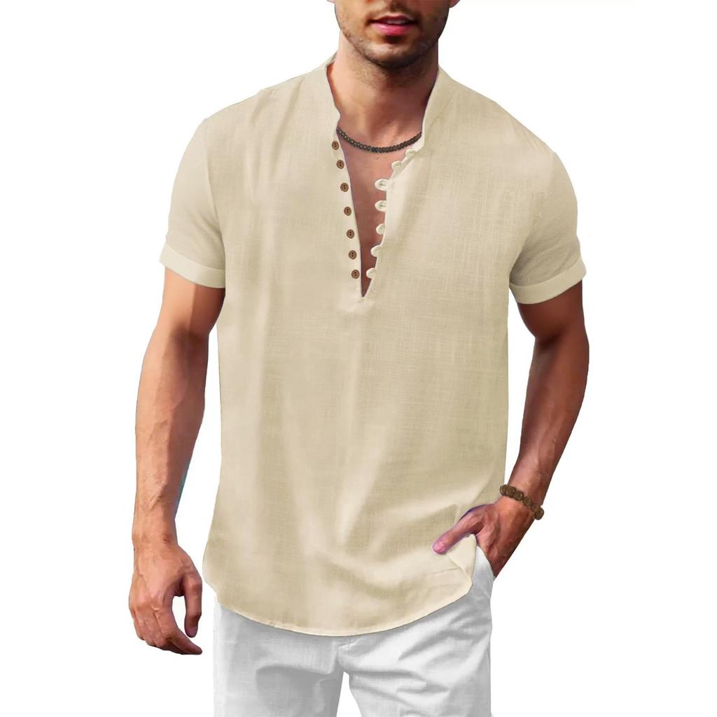 Estate Nuova Maglietta a Maniche Corte in Cotone Lino da Uomo Mezza Bottonatura Collo Henley Tinta Unita Traspirante Leggera Top Maschili
