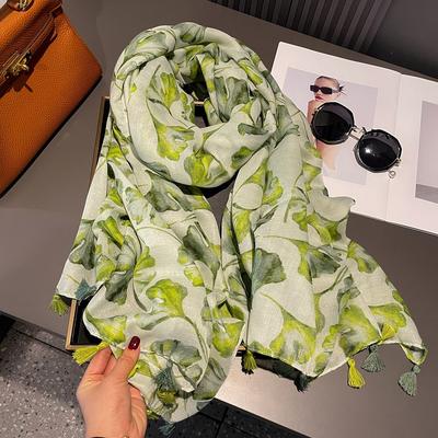 Boho Fashion Ginkgo Biloba Floral Tassel Viscose Shawls Scarf Lady High Quality Wrap Beach Stole Bufandas Muslim Hijab 180*90Cm