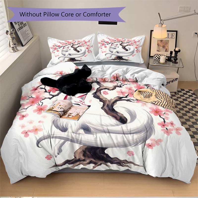 3pcs Cherry Blossom Tree and Beautiful White Fox Bedding Set, Including 1 Quilt Cover and 2 Pillow Shams, Without Filling, Soft and Comforta