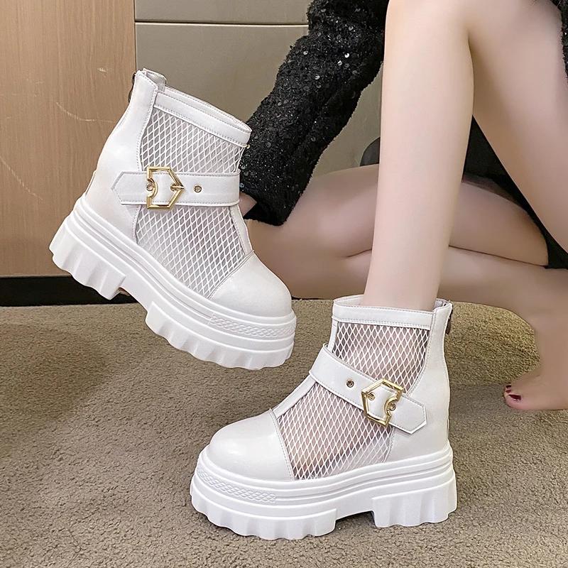 Fashion Mesh Breathable Summer Ankle Boots for Women Hollow Out Thick Bottom Cool Boots Woman Chunky Platform Punk Motorcycle Booties