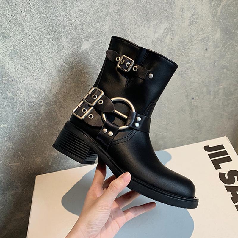 

Grape Mom 2025 autumn and winter new round head short boots leather buckle thick heel thick sole western medium tube knight Martin boots women 40