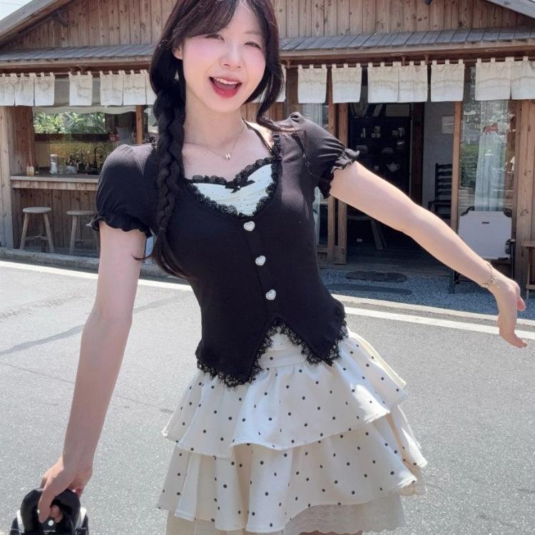 Sweet and Fashionable Fake Two-piece Top Waist Skirt Two-piece Set Summer Japanese Soft Sister Shirt Tutu Skirt Set Women