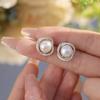 Exquisite 5A Grade Natural Freshwater Pearl Stud Earrings with Intertwined Double Rings and Diamond Setting for Women