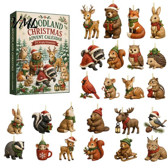 Cute Cat Rabbit Ornaments 24 Days Christmas Advent Calendar 2026, 2D Acrylic Reading Cats/Dogs/Forest Animals Surprise Unboxing Gift Ornament