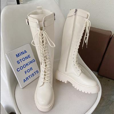 Fashion Women Knee High Boots 2024 Thicken Winter Square Heel Lace Up Platform Shoes Woman Knight Long Boots Black White Botas De Mujer