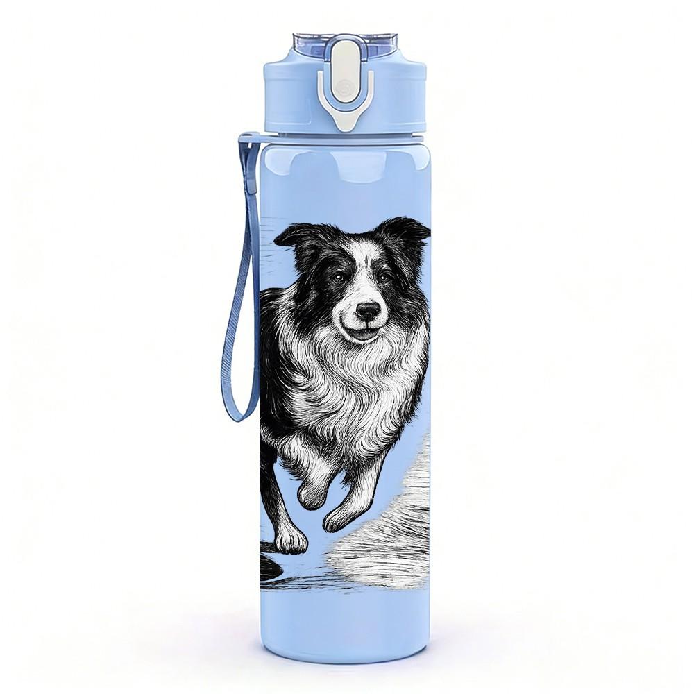 1PC Black White Border Collie Dog Print 750ml Color Plastic Sports Water Bottle Leakproof Flip Straw Lid Suitable for Sports Office Home Use