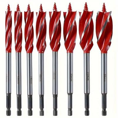 8-teiliges Holzbearbeitungsbohrer-Set - Hochkohlenstoffstahl, 4-schneidige Bohrer, 10-25 mm selbstschneidender Sechskantschaft, Präzisions-Tieflochbohrer für Hartholz