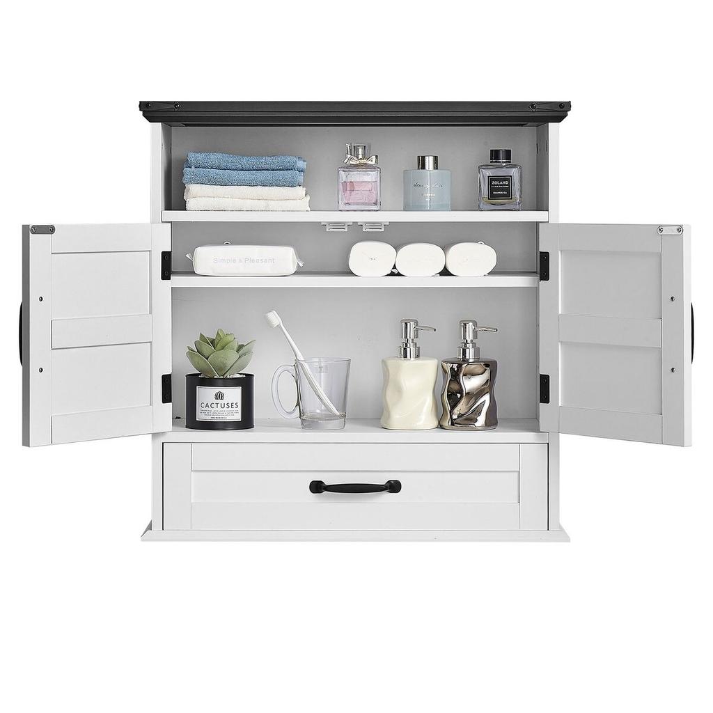 Bathroom Wall Cabinet, 2 Doors & Adjustable Shelf, Over the Toilet Storage Medicine Cabinet Wall Mounted, Hanging Organizer with Drawer & Open