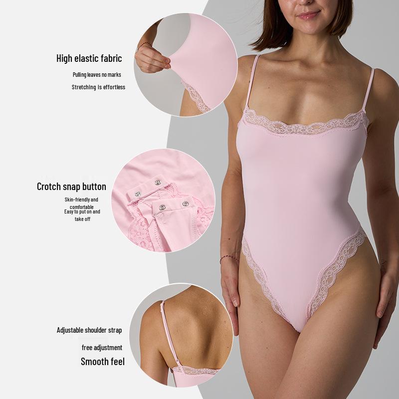 Retro Kantafwerking Patchwork Camisole Bodysuit: Minimalistisch, Ademend, Sexy Nude Stijl met Prachtige Rug