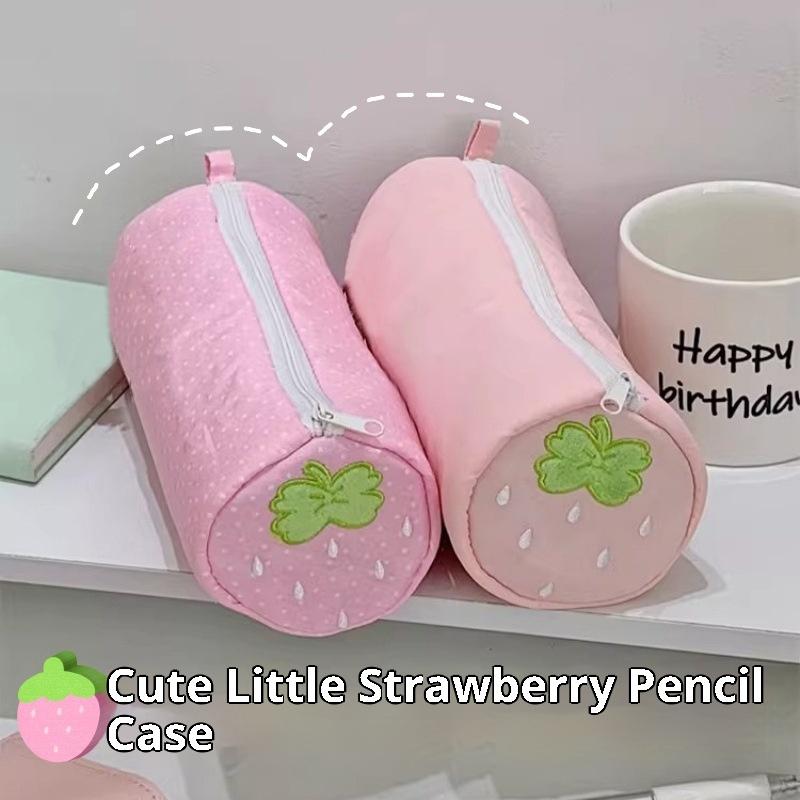 Cute Cream Strawberry Polka Dot Pink Pencil Case Student Stationery Storage Bag For Back To School Pen Supplies Gift