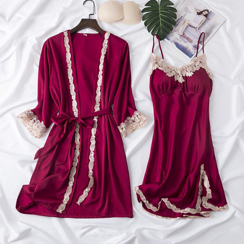 Women's Silk Five-Piece Pajama Set: Spring/Autumn Nightdress & Robe with Chest Pad