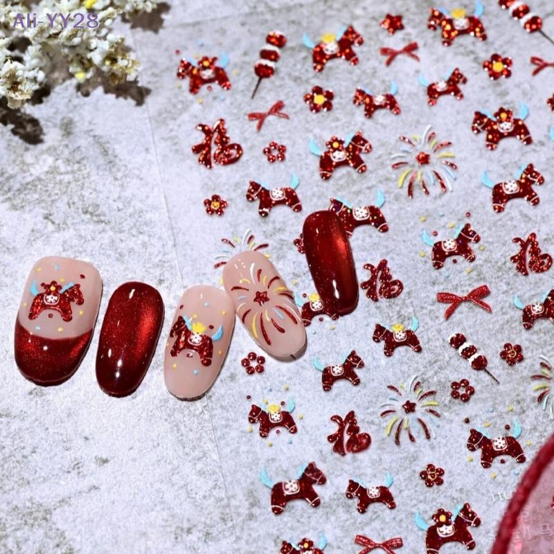 {YY28} Cartoon Red Pony Fortune Lucky Cat Manicure Decals Year Of The Horse Nail Stickers DIY New Year Nail Art Decoration
