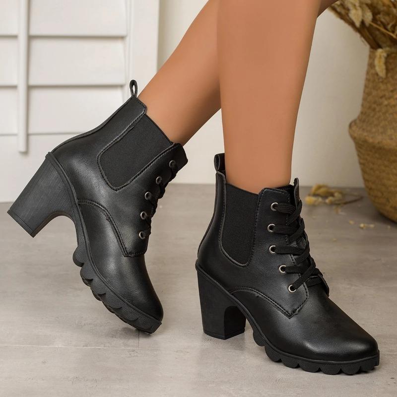 Sexy Lace Up High Heel Ankle Boots Women Autumn Fashion Black Round Toe Chelsea Boots Chunky Platform Women's Boots