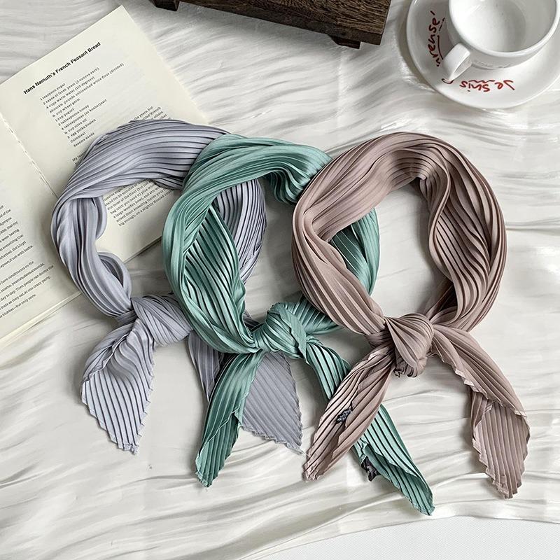 Crumpled rhombus silk scarf high-end new solid color versatile silk scarf neck small scarf streamer scarf shawl