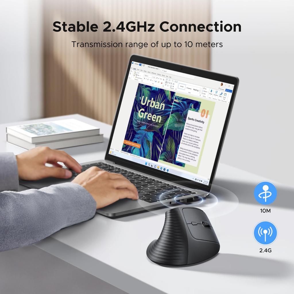 UGREEN Wireless Bluetooth Vertical Ergonomic 6 Buttons DPI Battery Compatible with Mac and More Mouse, & 2.5G, Type, Design, (Back/Forward Buttons),