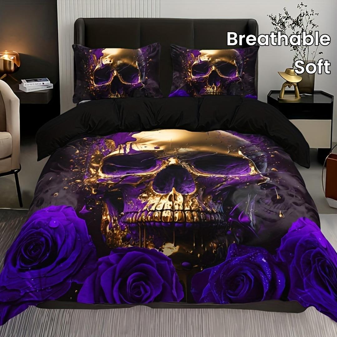 

3pcs Purple Skull 3D Printed Bedding Set Luxury Soft Duvet Cover King Queen Twin Single Size Birthday Gift for Boy Bedroom Decor EU Single 135x200cm