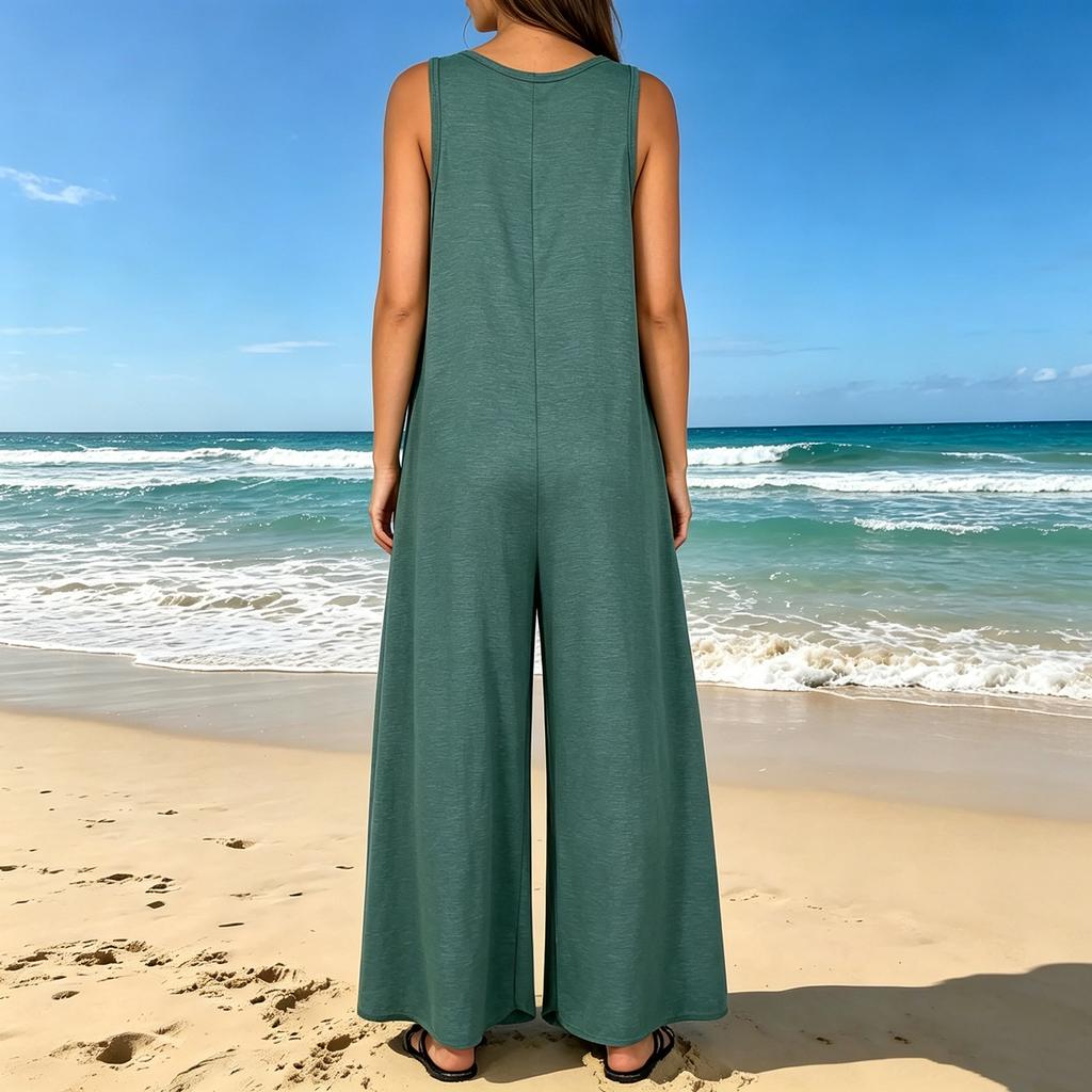 Women's Sleeveless Jumpsuit Wide Leg Pocket Romper V Neck Casual Loose Fit One Piece Outfit