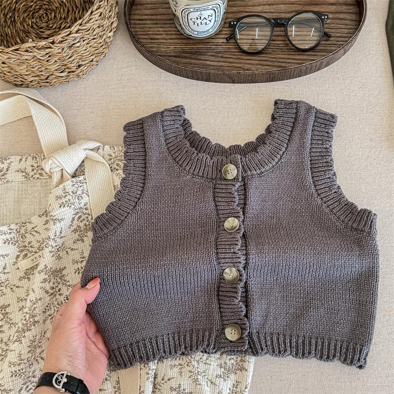 

Детский вязаный жилет, осенний новый корейский свитер для девочек, однотонный повседневный детский трикотаж, кардиган без рукавов 120 темно серый